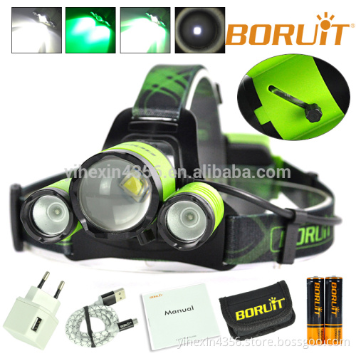 Boruit New Model B22 Head Lamp Zoom Reachargeable Headlamp White/Red/Green/Blue Light